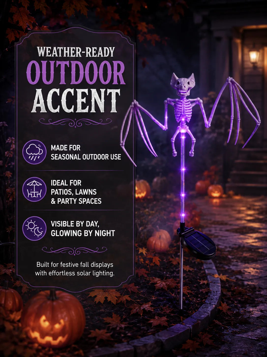Weather-ready outdoor bat skeleton solar Halloween light