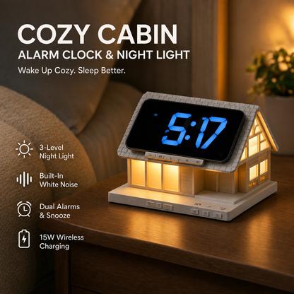 🏡✨ Cozy Cabin 4-in-1 Bedside Station – Alarm Clock, Night Light, White Noise & Wireless Charger