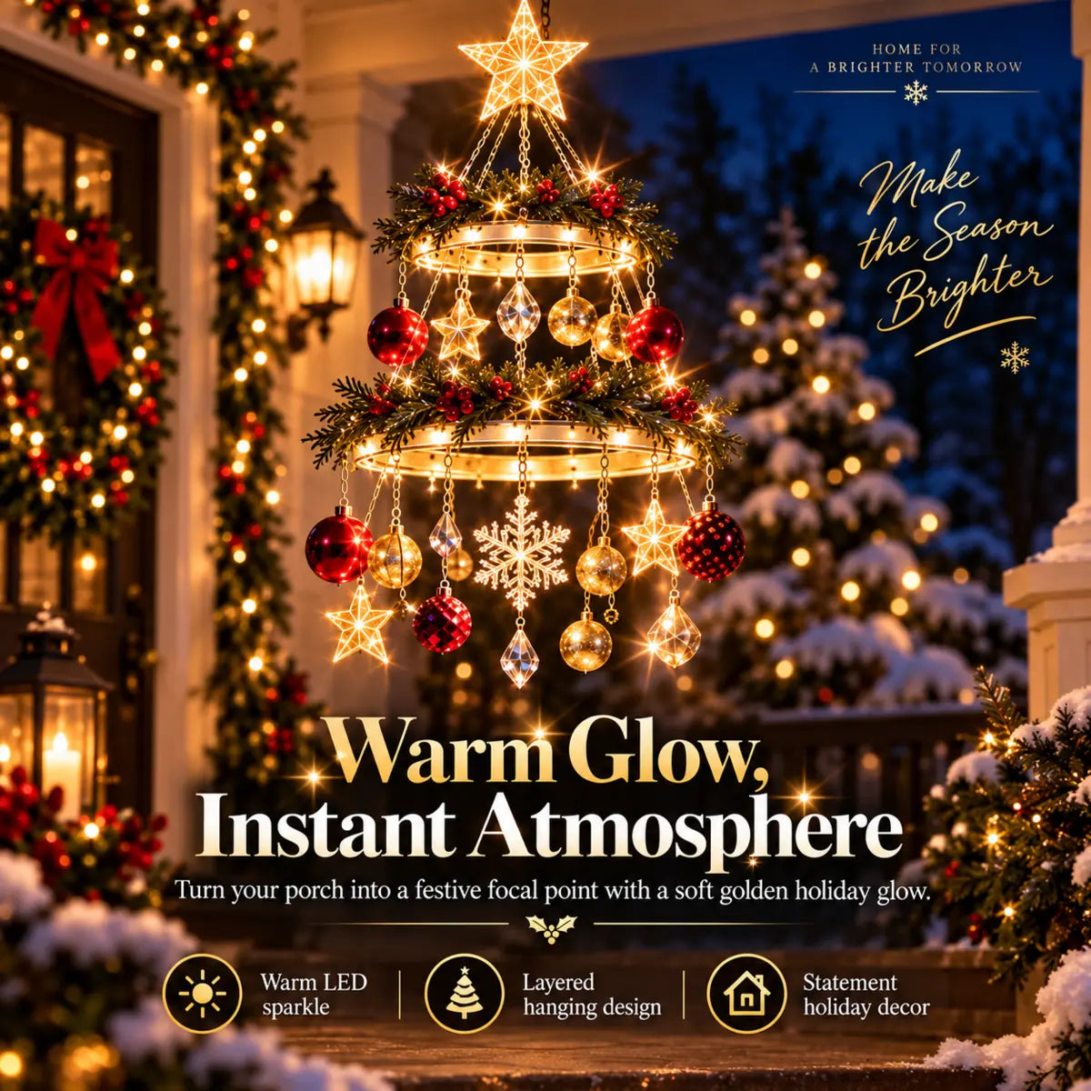 Glowing Christmas tree chandelier creating a warm holiday atmosphere