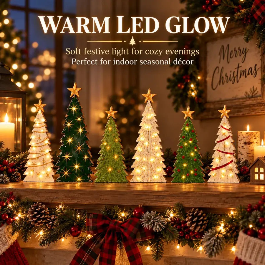 Set of six wooden Christmas trees glowing with warm LED lights