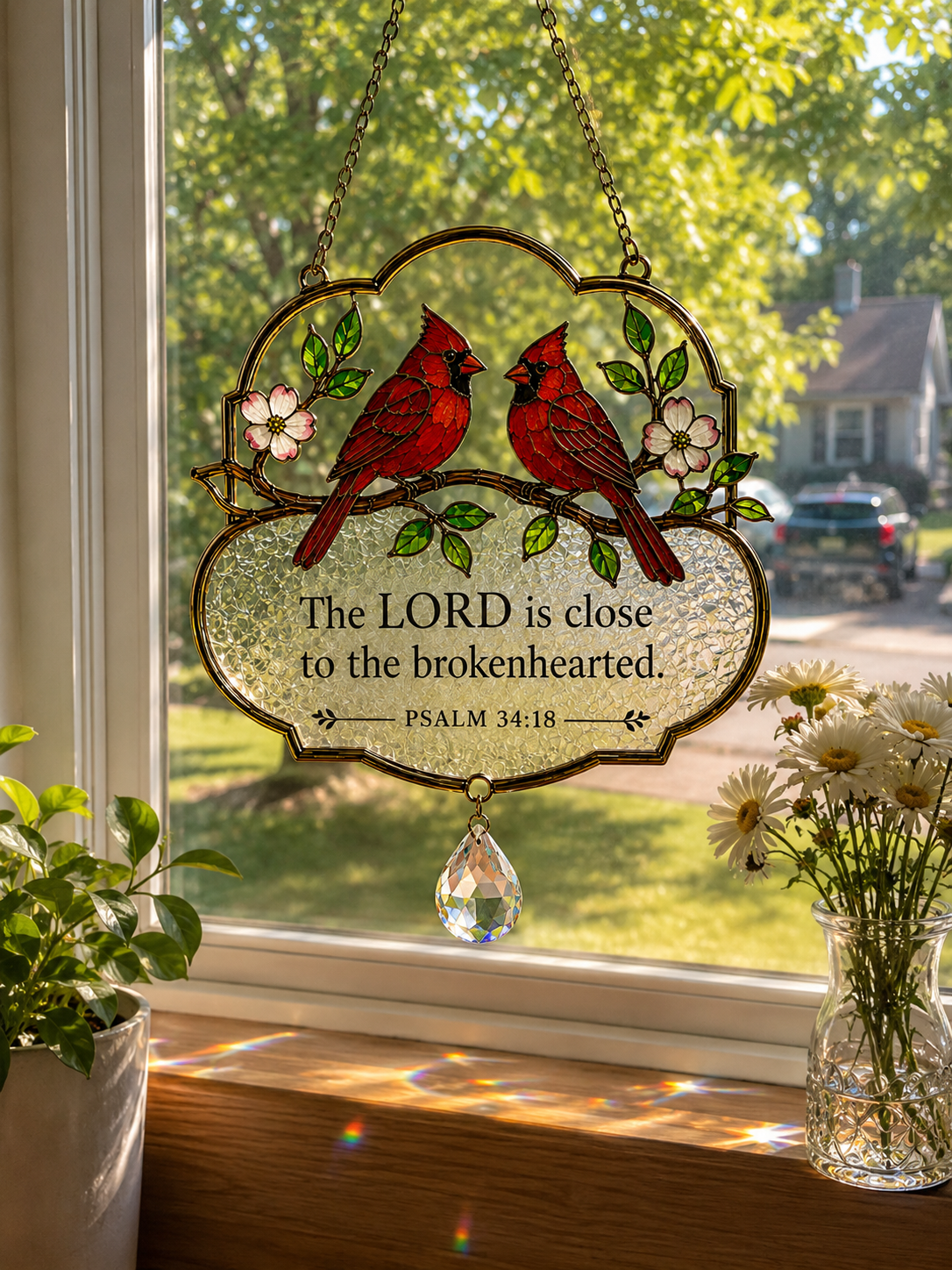 Christian Scripture Bird Suncatcher with Crystal Prism – Hummingbird, Cardinal & Songbird Window Hanging