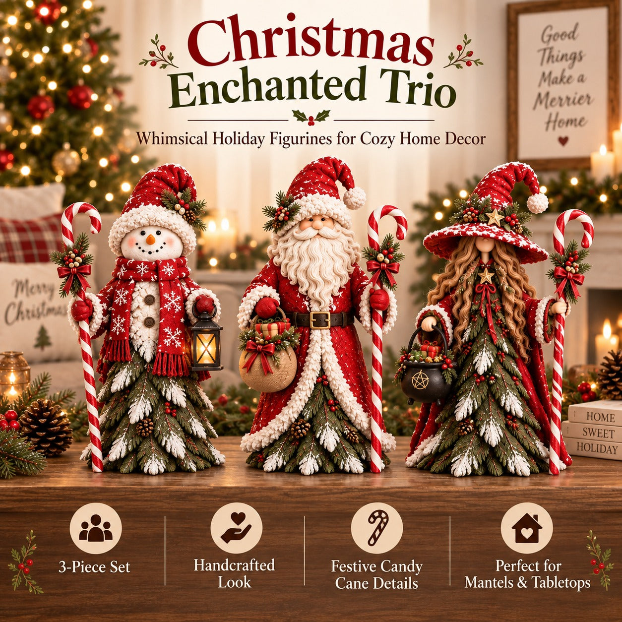 Snowman Santa and Christmas witch figurine set