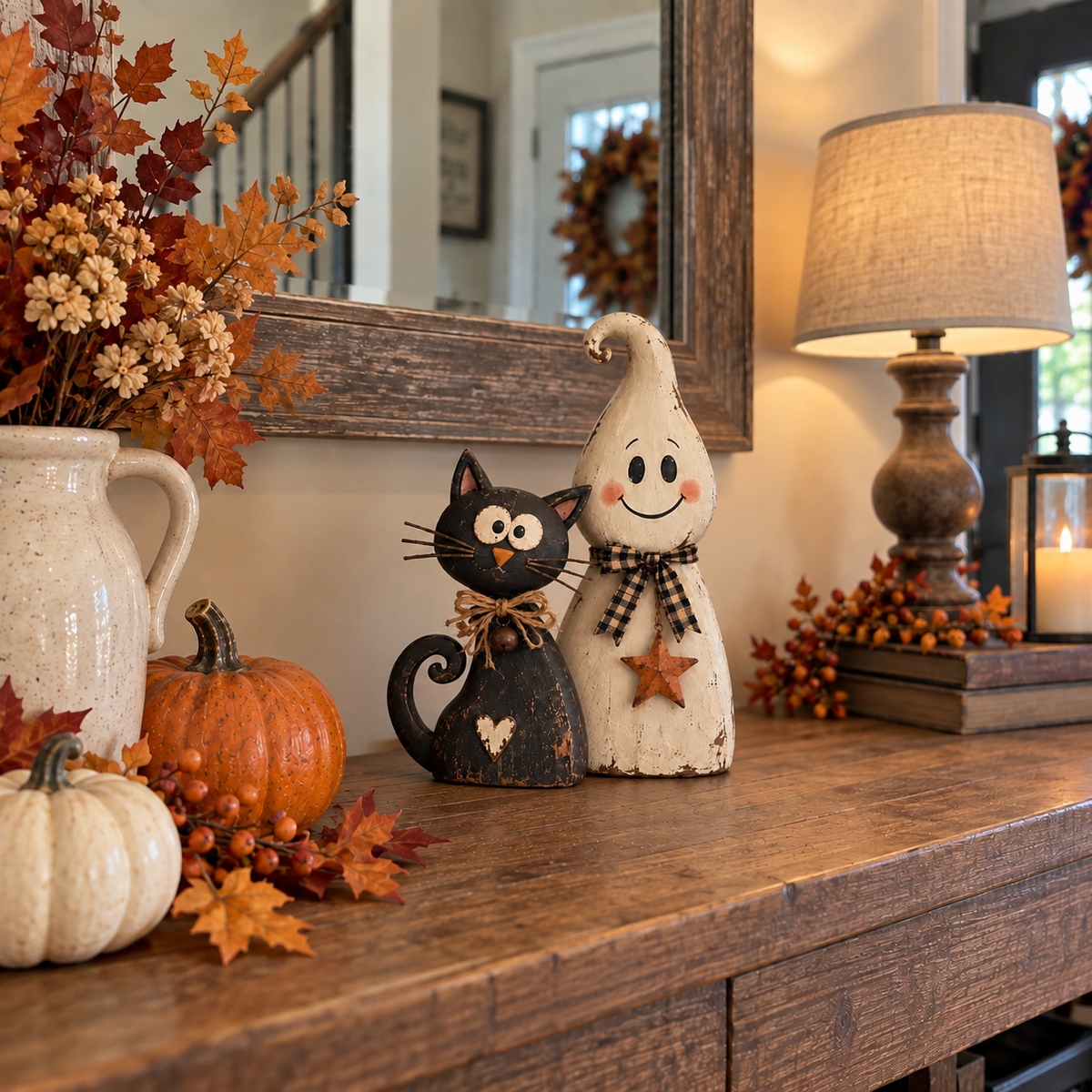 🐈‍⬛ Ghost & Black Cat Halloween Figurines – Vintage-Inspired Decor