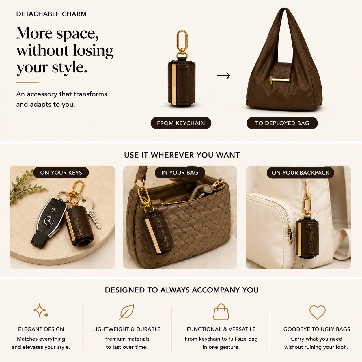 🎁Varelli Charm Transformable Bag – Stylish Vegan Leather Tote & Keychain Charm