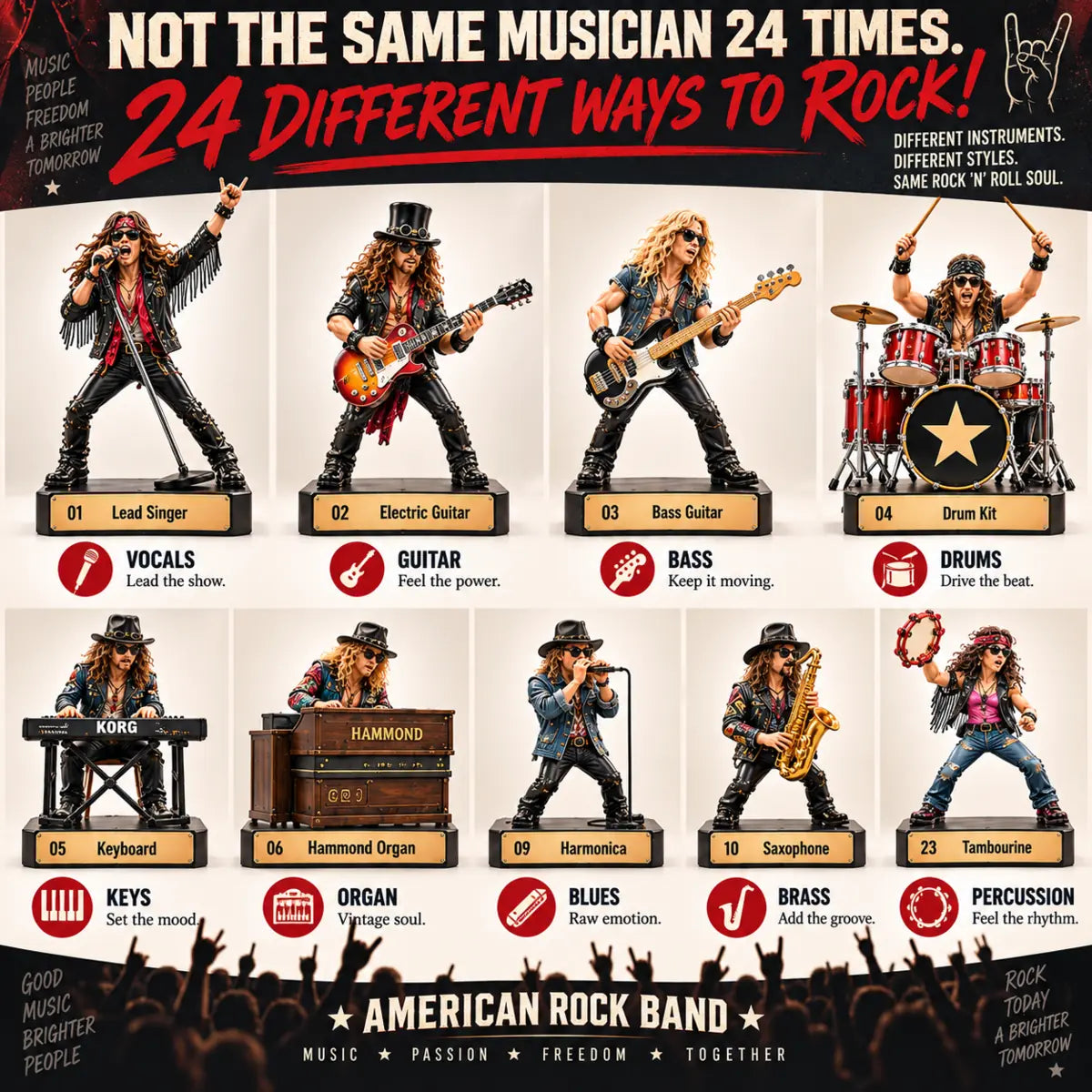 Different instruments and stage roles across the 24-piece rock band