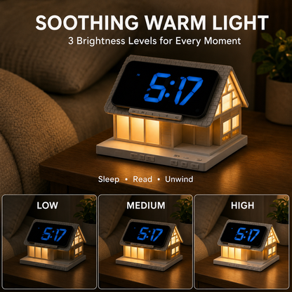 🏡✨ Cozy Cabin 4-in-1 Bedside Station – Alarm Clock, Night Light, White Noise & Wireless Charger