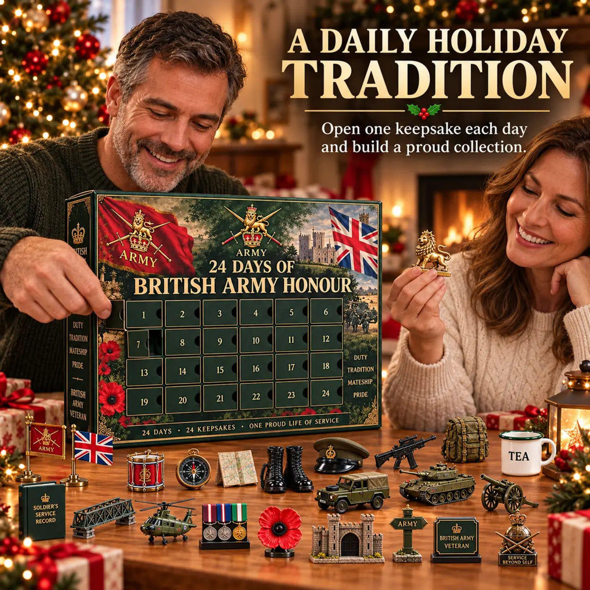 Couple opening one numbered compartment of the advent calendar