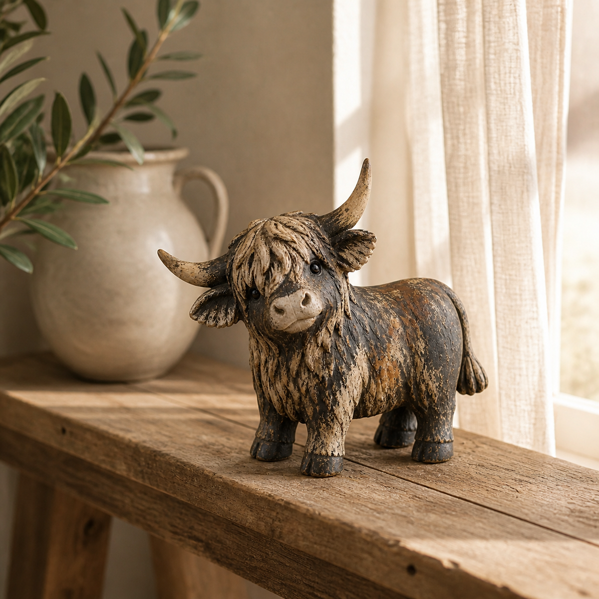 Rustic Highland cow figurine beside a farmhouse window