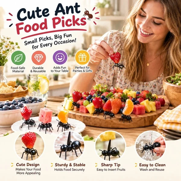 Woman using ant-shaped food picks with fruit