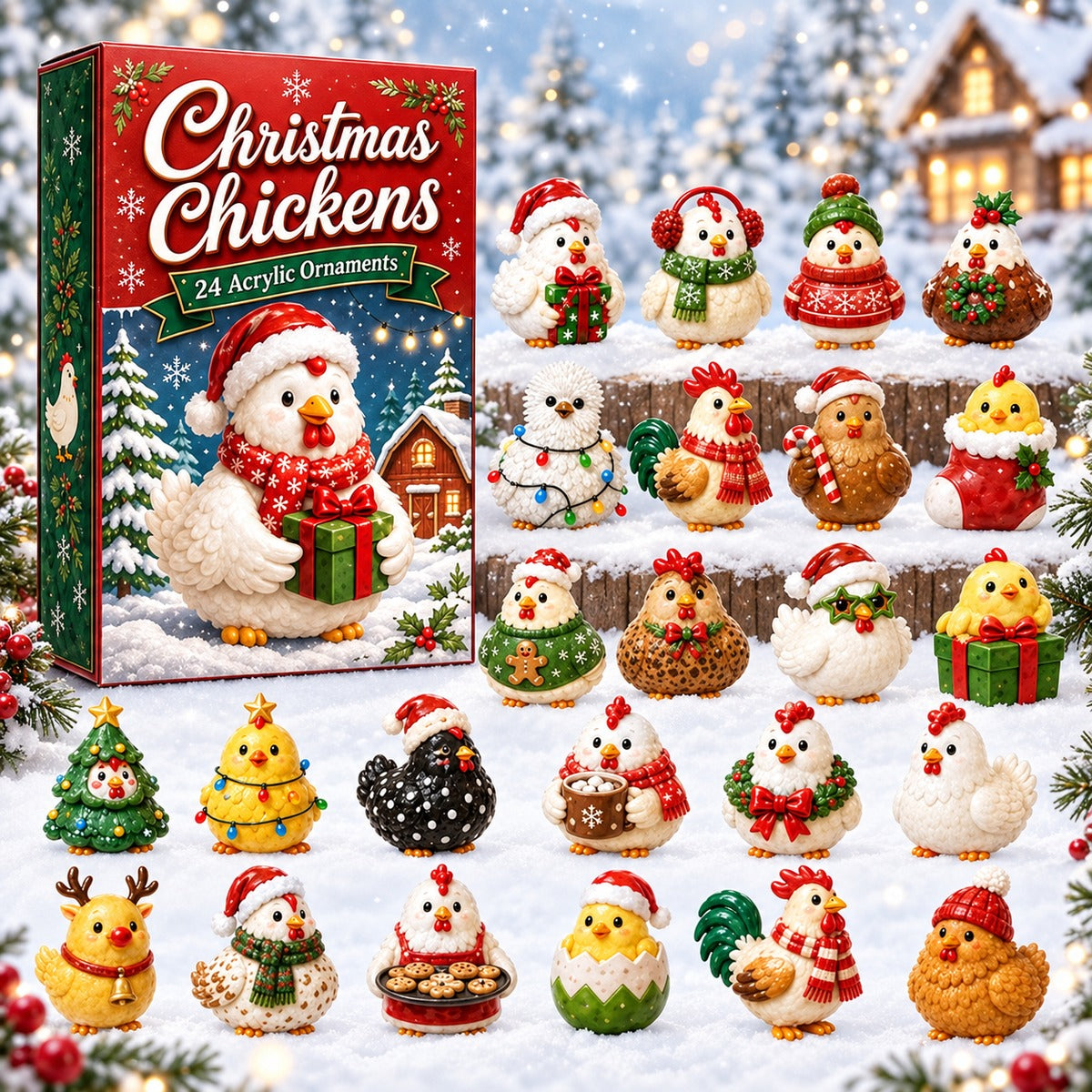 Christmas Chickens Advent Calendar with 24 festive chicken ornaments