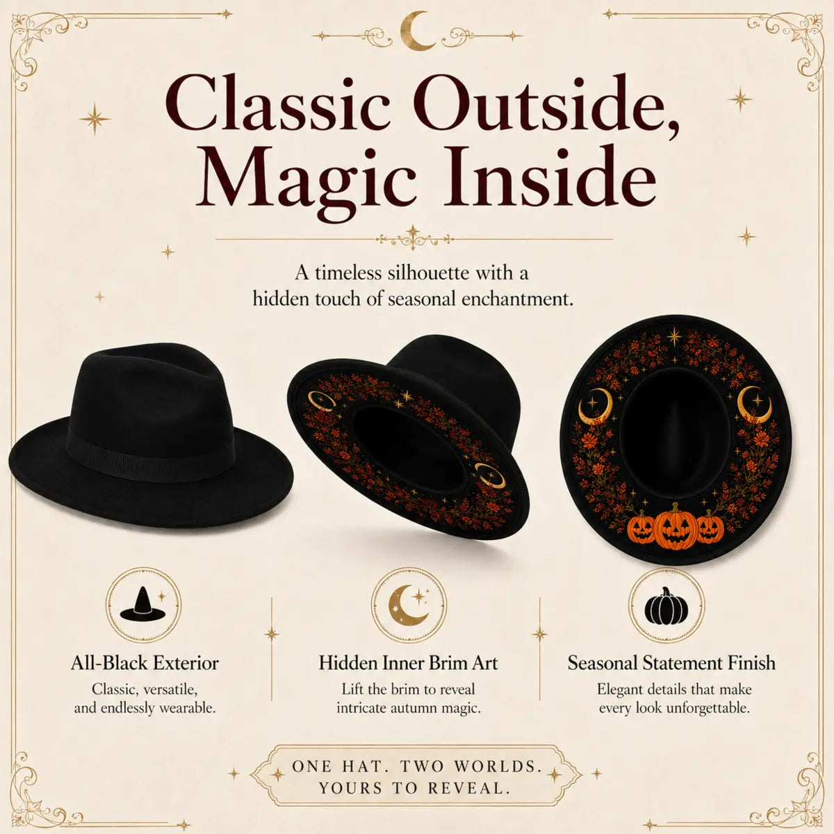 Black wide-brim fedora shown from above and below with Pumpkin Moon embroidery