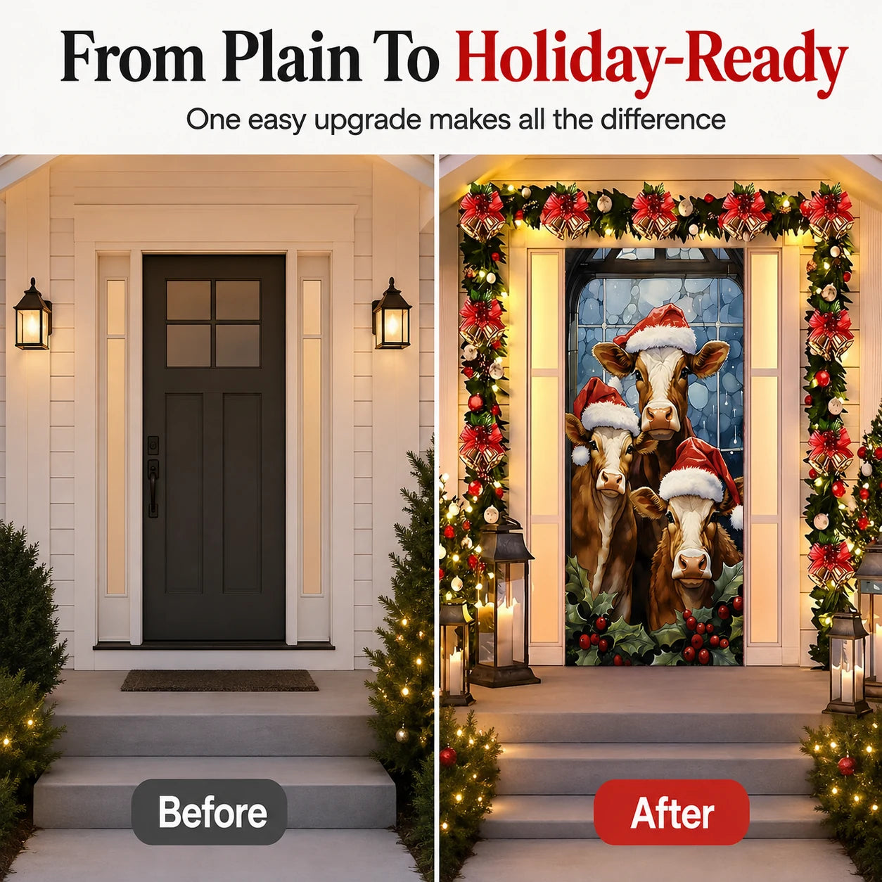 Before and after Christmas front door transformation