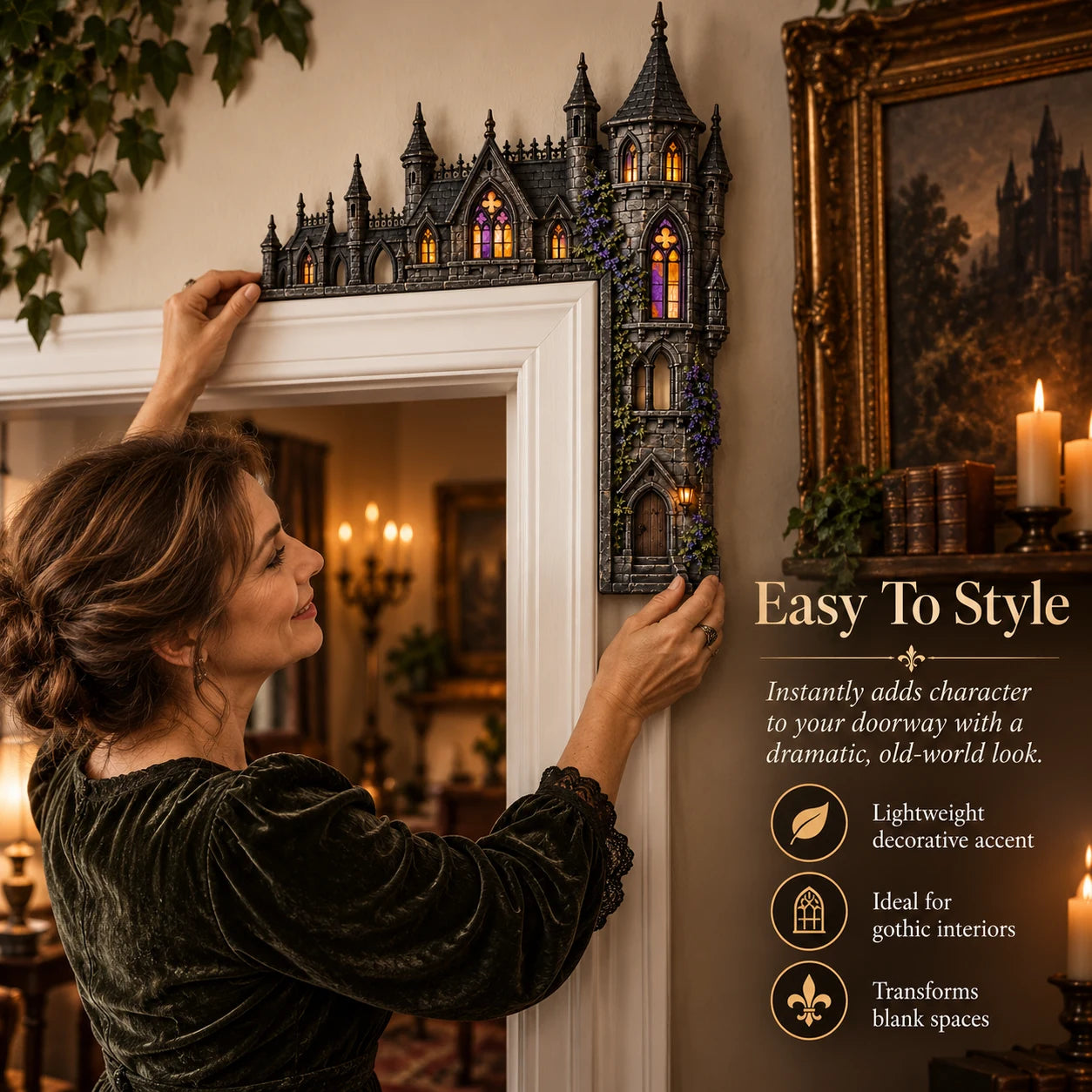 Woman styling a Gothic Castle Door Topper