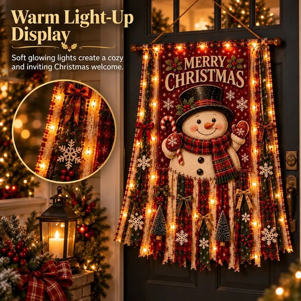 Warm glowing light-up Christmas door banner on front door