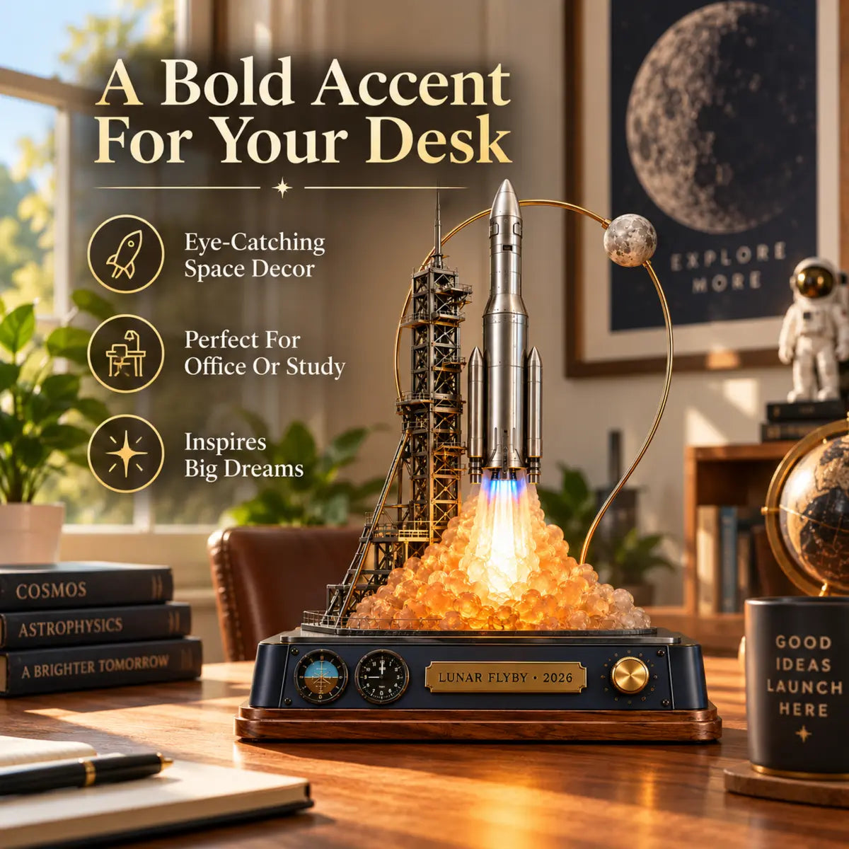 Rocket launch display arranged as an eye-catching desk accent