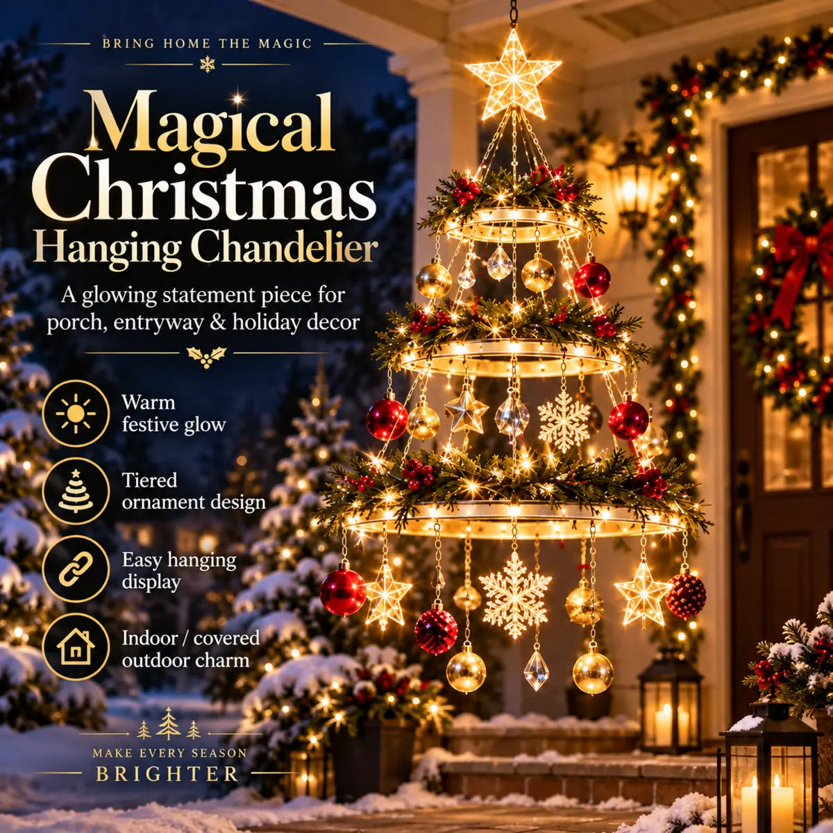 Tiered hanging Christmas chandelier with a glowing star topper