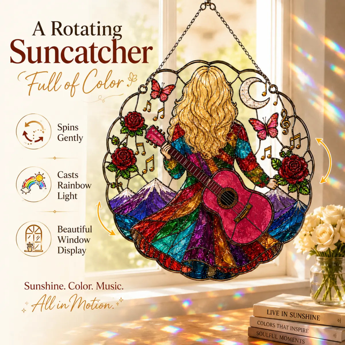 Colorful round music suncatcher shown gently rotating beside a sunny window