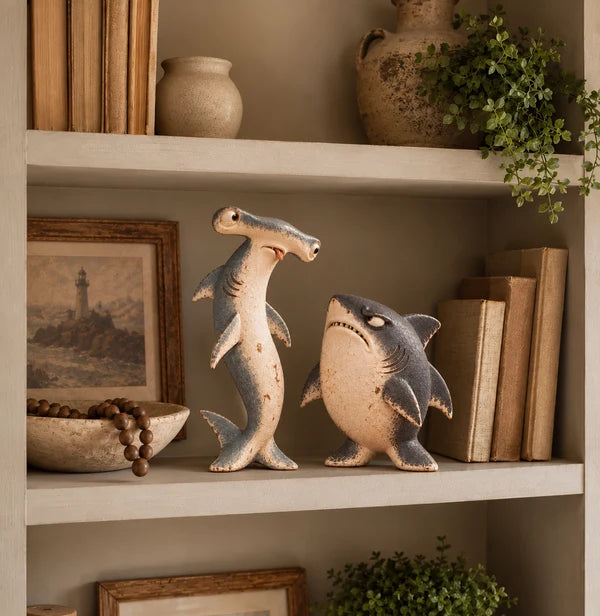 The Odd Shark Duo displayed on a bookshelf