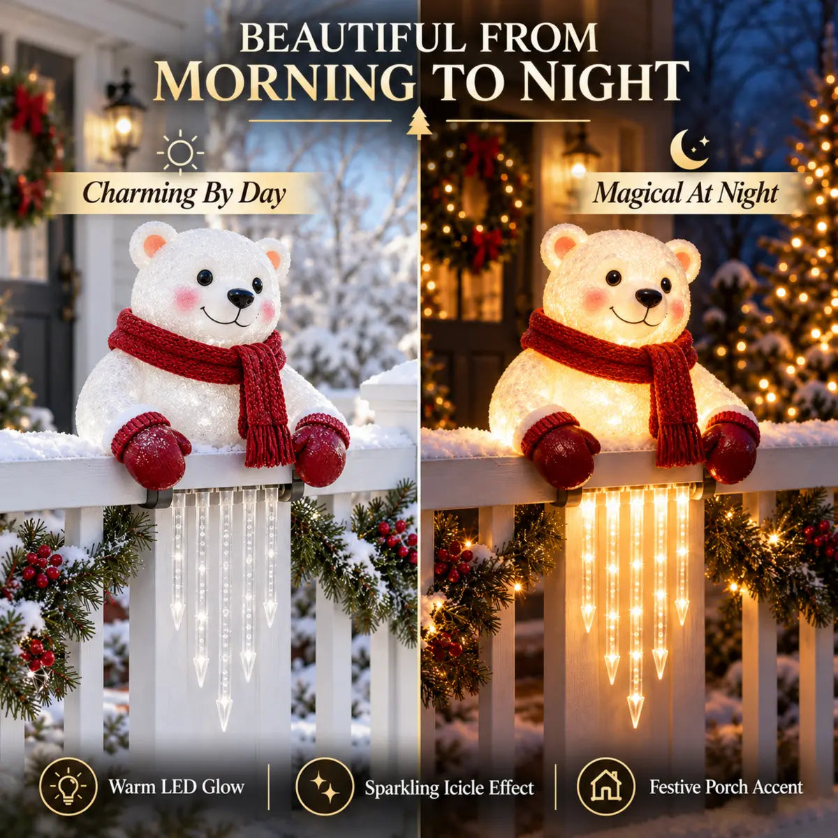 Day and night comparison of the polar bear icicle light