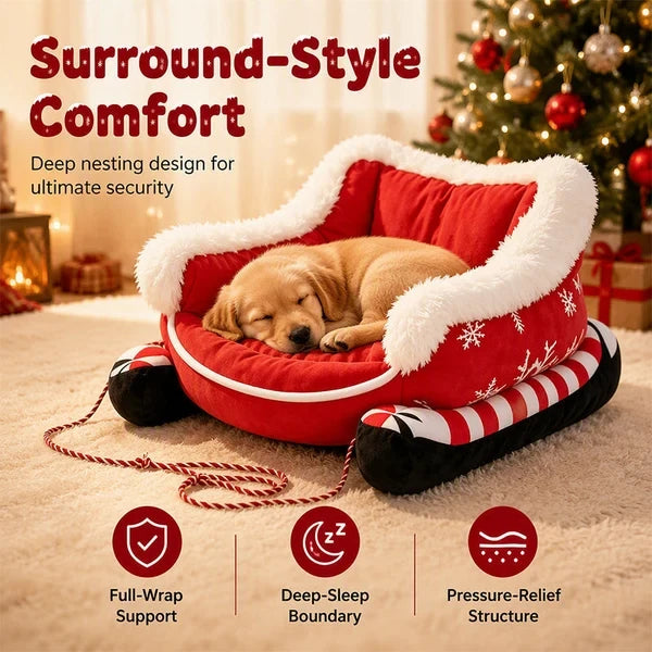 Surround-style red sleigh pet bed with raised padded sides