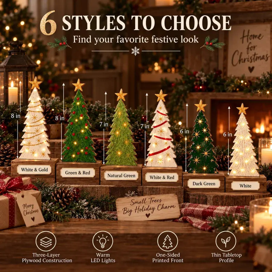 Six coordinated wooden Christmas tree designs in three different heights