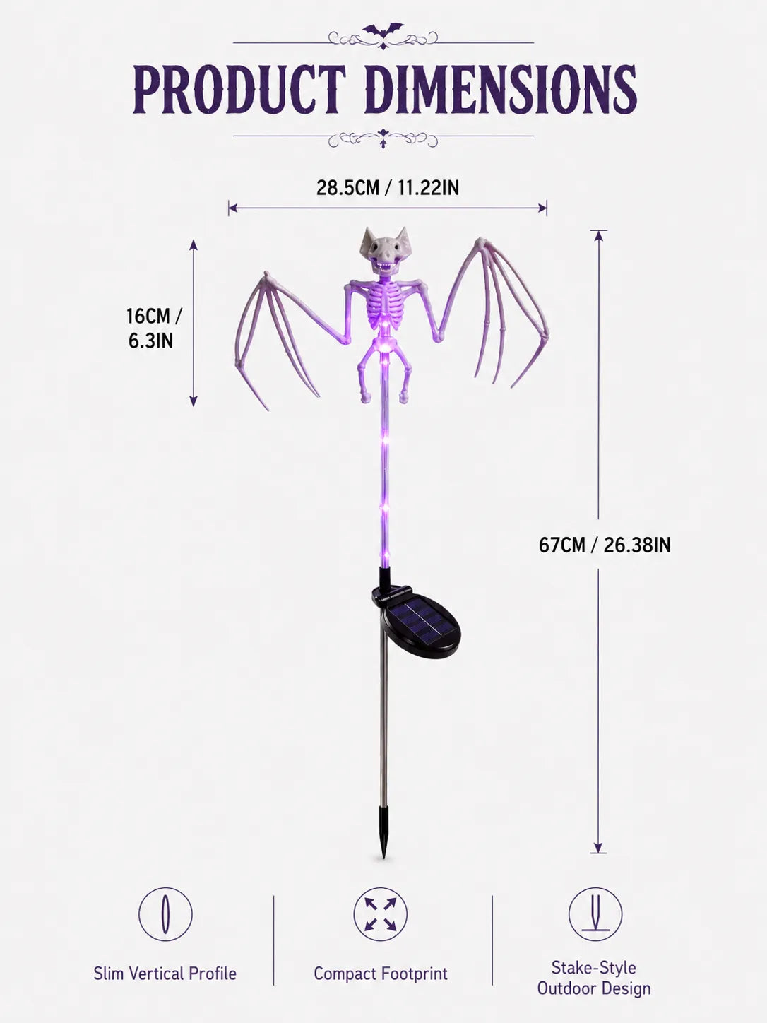 Solar Bat Skeleton Garden Stake Light dimensions