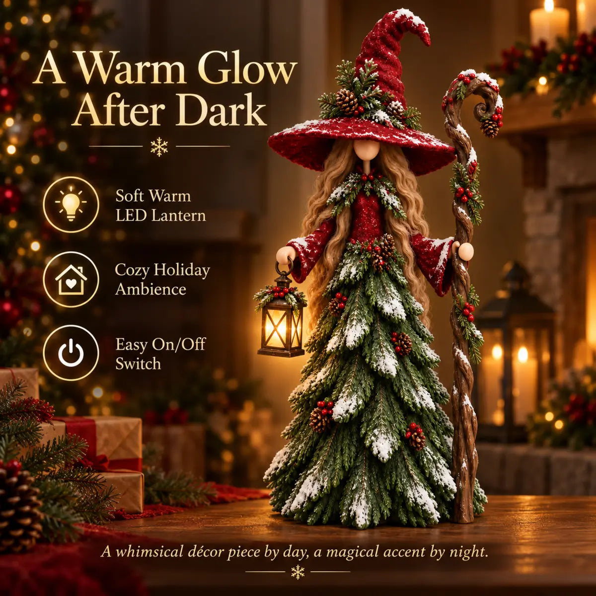 Christmas tree character with a softly glowing lantern in a cozy evening setting