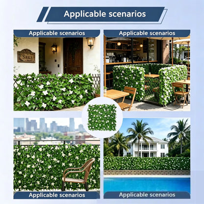 🔥HOT SALE🔥Extendable Simulation Rattan Fence with White Flowers Decorating Green Leaves, Stretchable Folding Design, Privacy Shielding Courtyard Balcony Walls, Artificial Green Plants