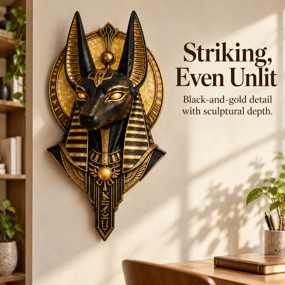 Anubis black-and-gold sculpture against a light wall with natural wood furnishings