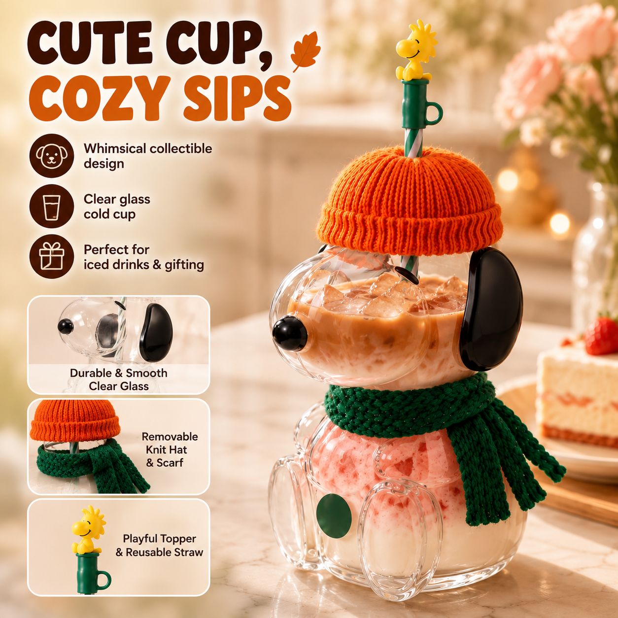 🥤🍂 Cozy Character Glass Tumbler – 3D Cold Drink Cup for Matcha, Coffee & More