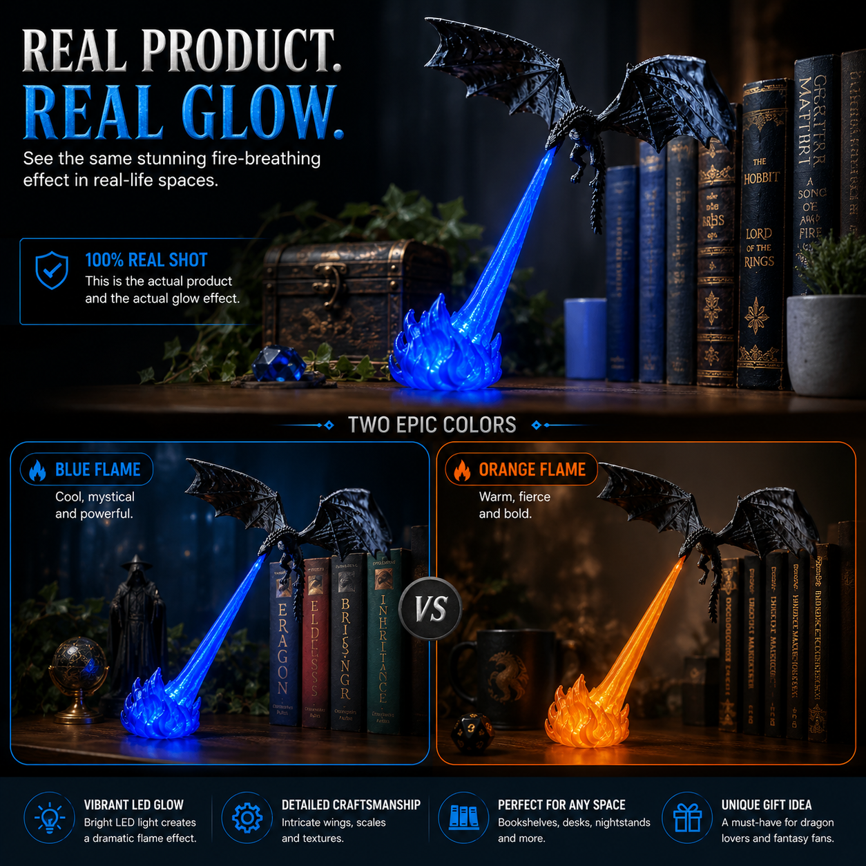 🐉3D Fire-Breathing Dragon LED Display – Fantasy Bookshelf Decor with Glowing Flame