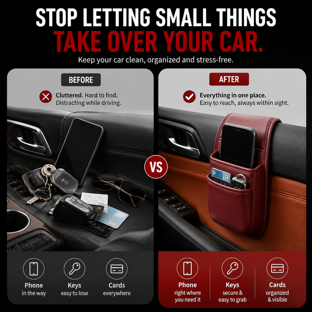 Car storage pocket before and after organization