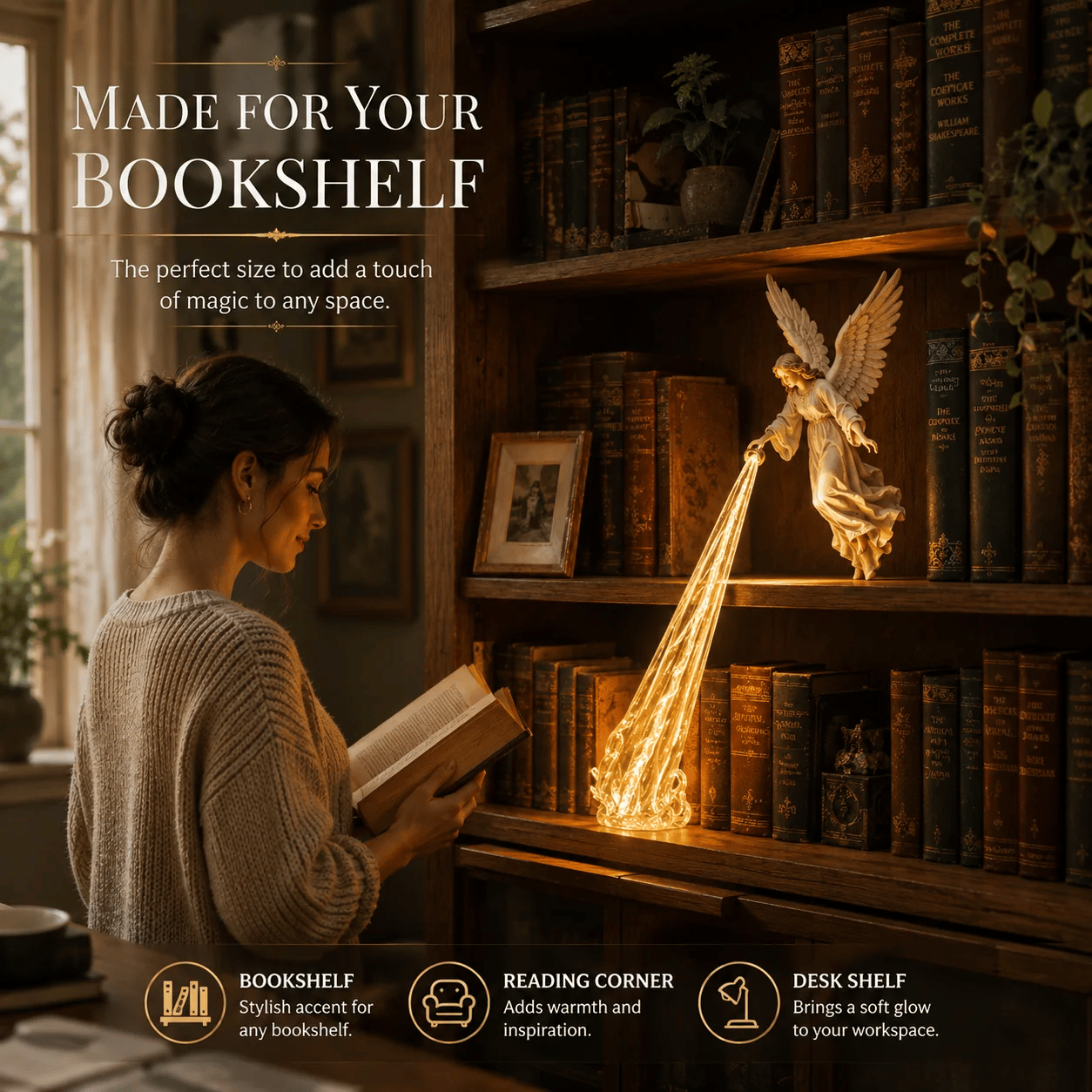 🎁 Celestial Guardian – Angel Light Beam Bookshelf Decor