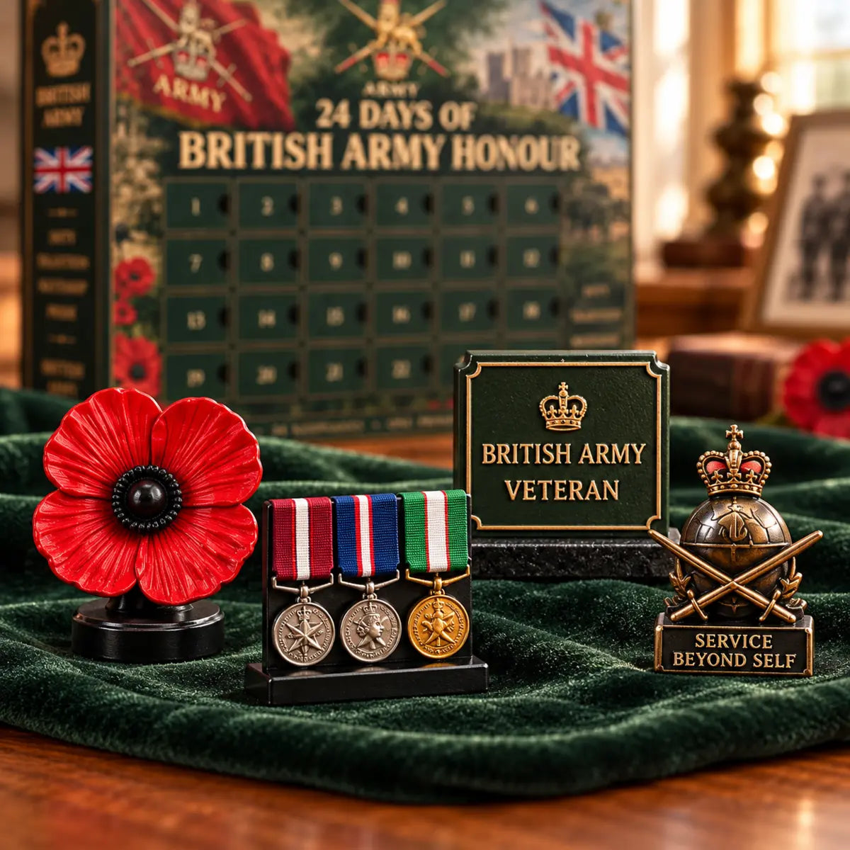 Close-up display of remembrance poppy medals and military-inspired keepsakes