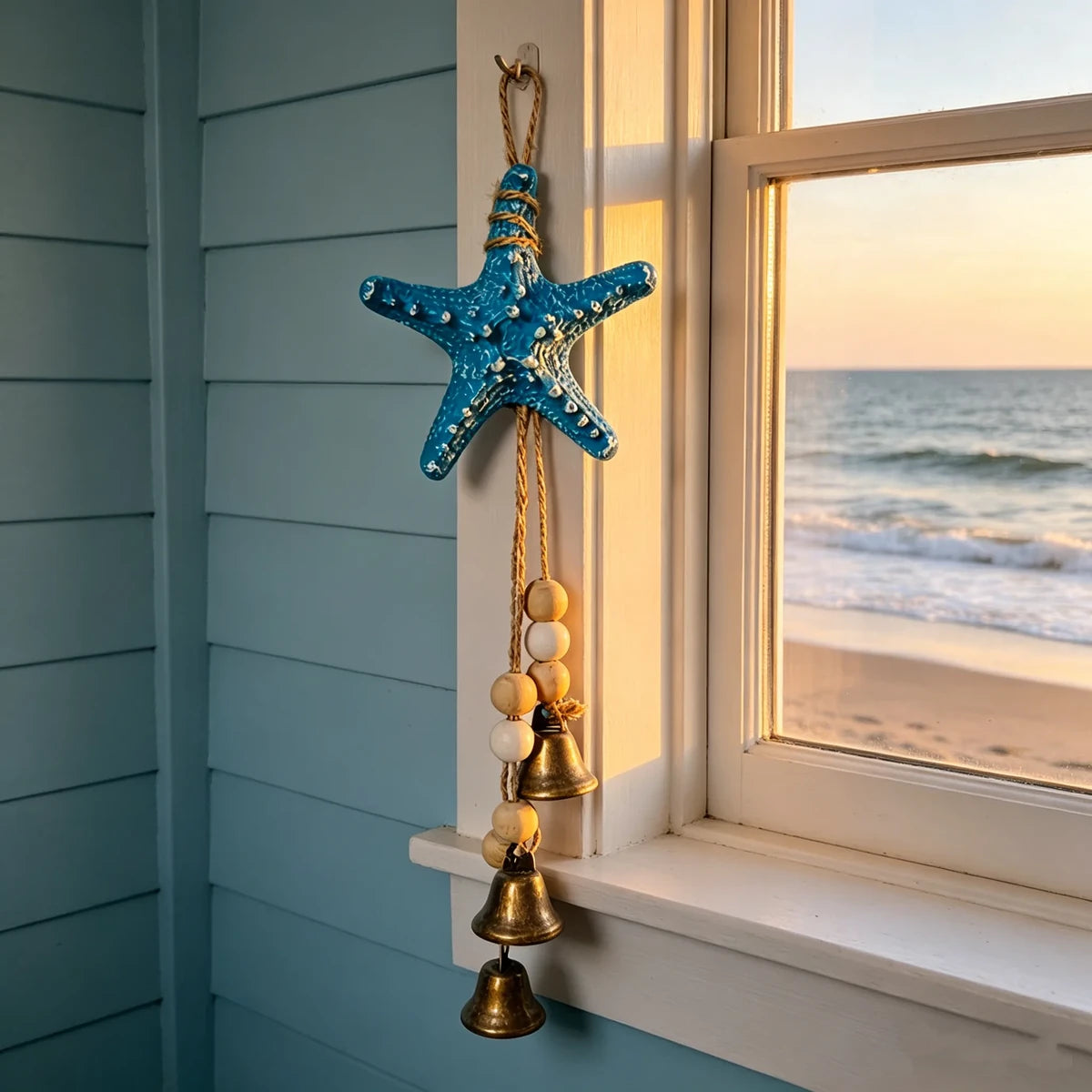 Blue coastal starfish wind chime beside a window at sunset