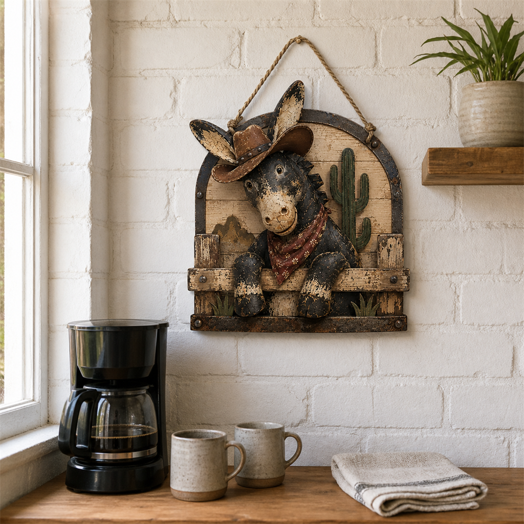 🫏🌵 Rustic Cowboy Donkey Wall Hanging – Western Farmhouse Décor & Country Keepsake