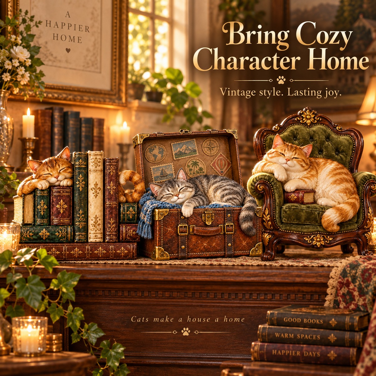 Vintage cat décor displayed in a warm home