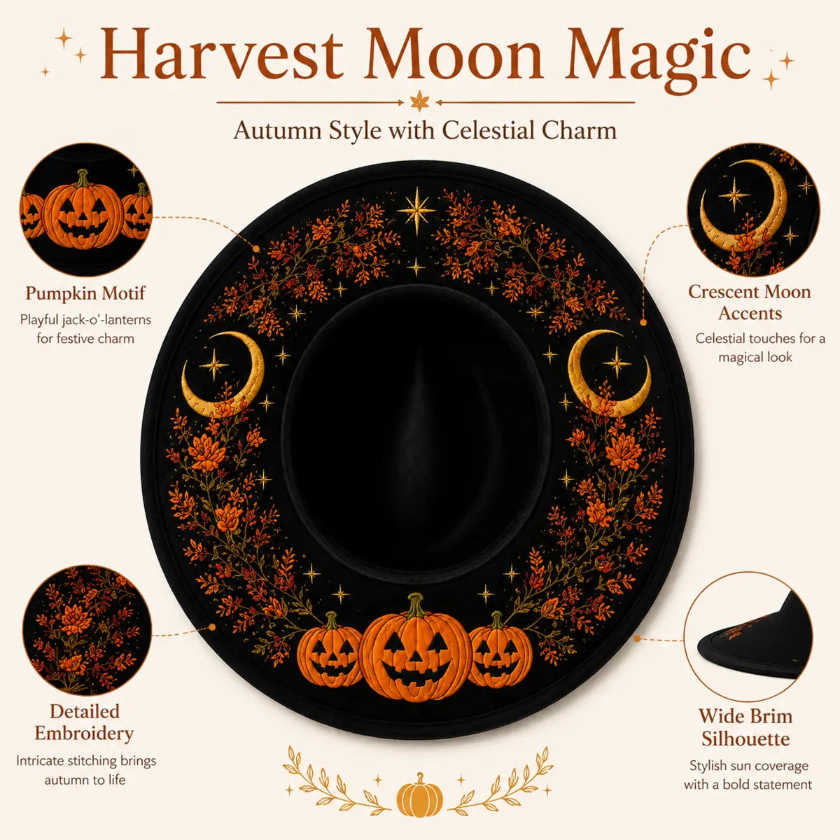 Close view of pumpkin, crescent moon and autumn vine embroidery beneath the fedora brim