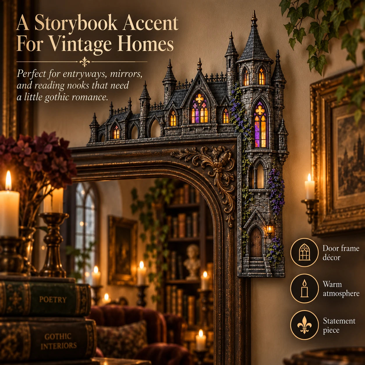 Storybook gothic castle accent beside a vintage mirror