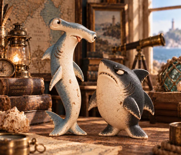 The Odd Shark Duo in a warm nautical study scene