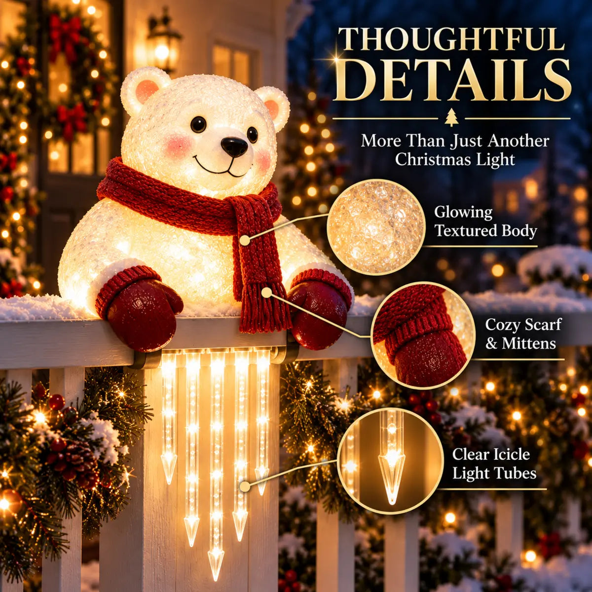 Close-up details of the glowing bear body, scarf, mittens and clear icicle tubes