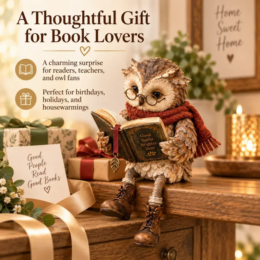 Reading owl figurine displayed with wrapped gifts