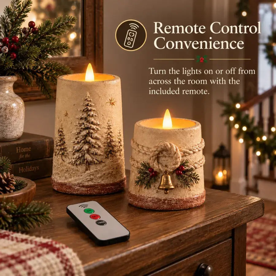 Rustic LED Christmas candles shown with their remote control