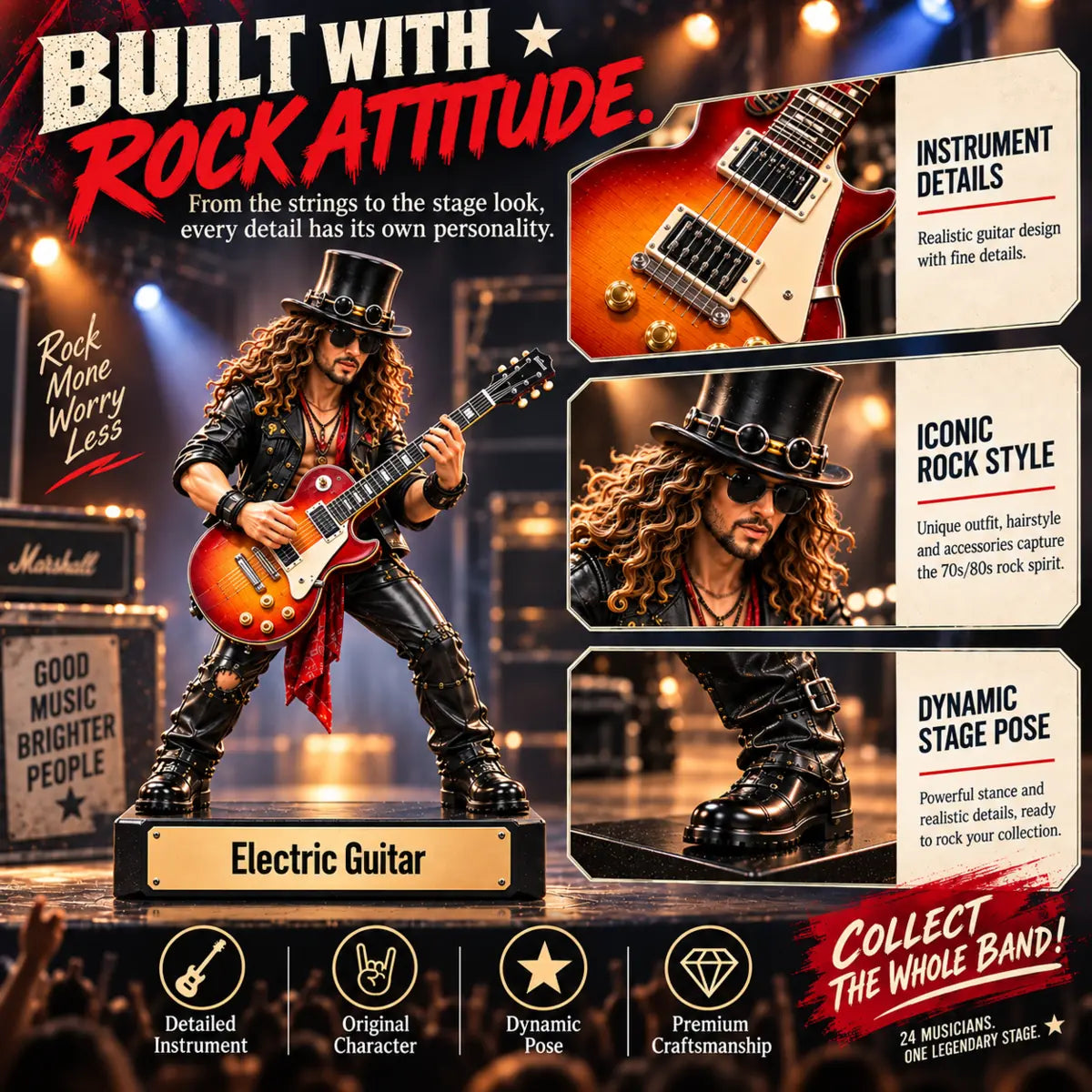 Close-up of an electric guitarist figure with detailed outfit and stage pose