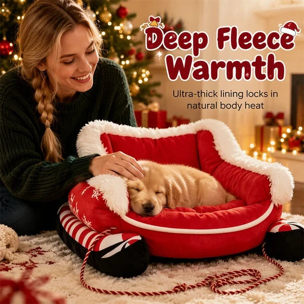 Woman petting a puppy resting in the fleece-lined sleigh pet bed