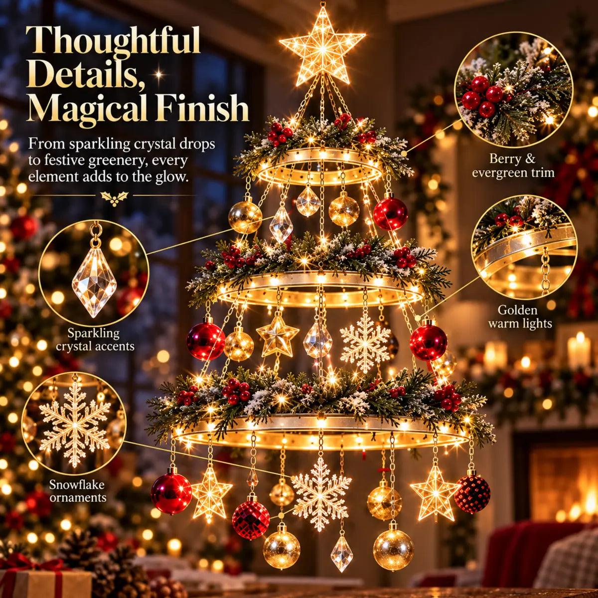 Close-up details of crystal drops, snowflakes, berries and golden lights