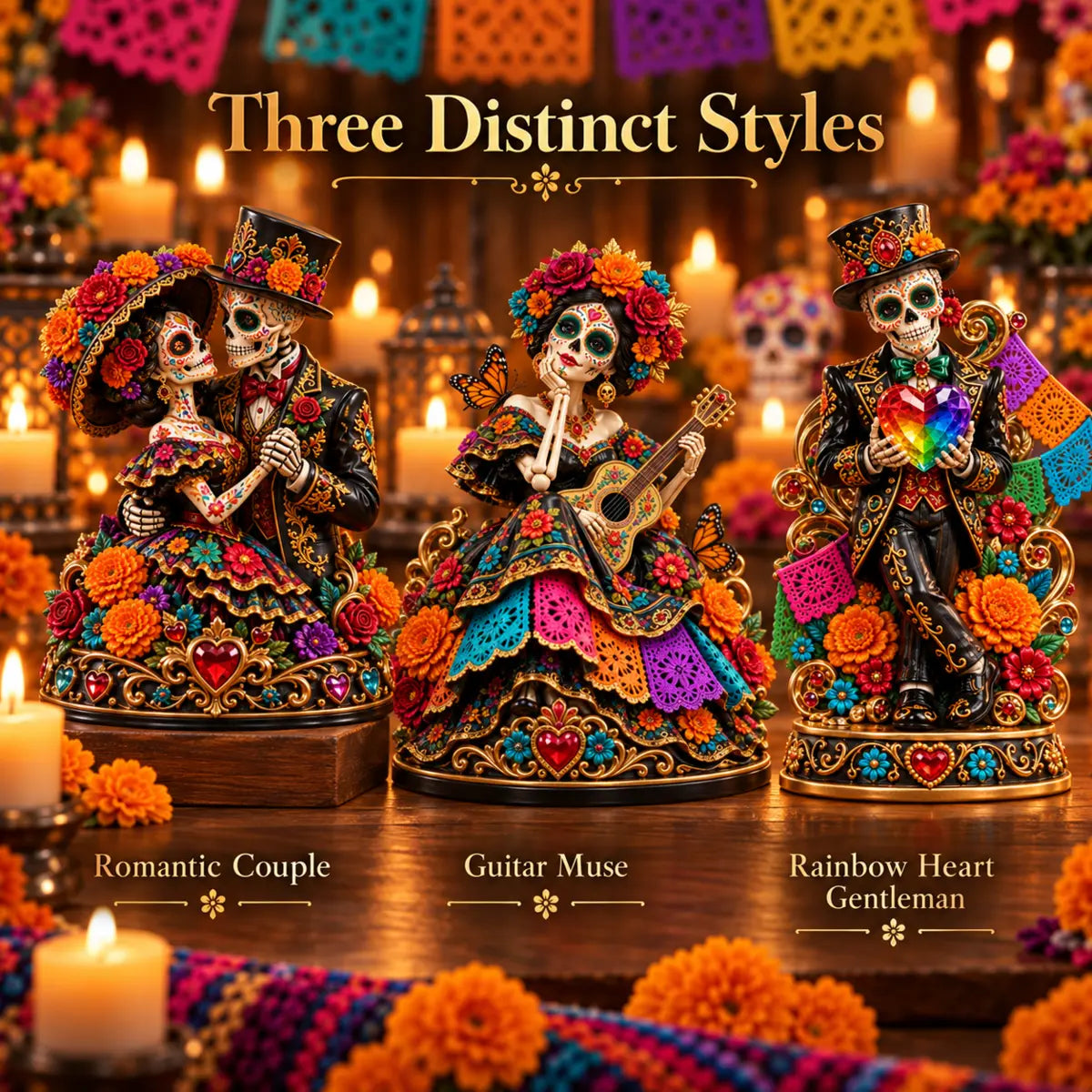 Three Día de los Muertos figurine styles displayed together