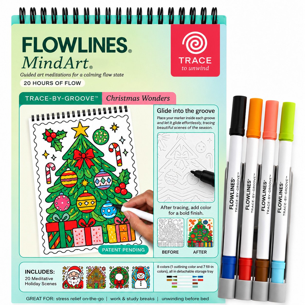 🌿 Trace-By-Groove Guided Flow Art Coloring Pad with Double-Sided Markers 🎨