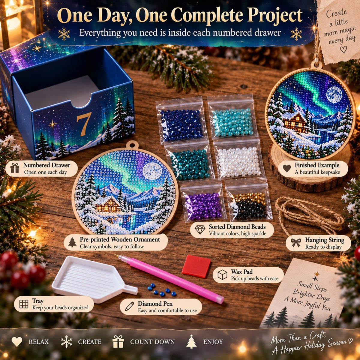 🌌 14-Day Aurora Diamond Painting Advent Calendar – DIY Wooden Christmas Ornament Kit