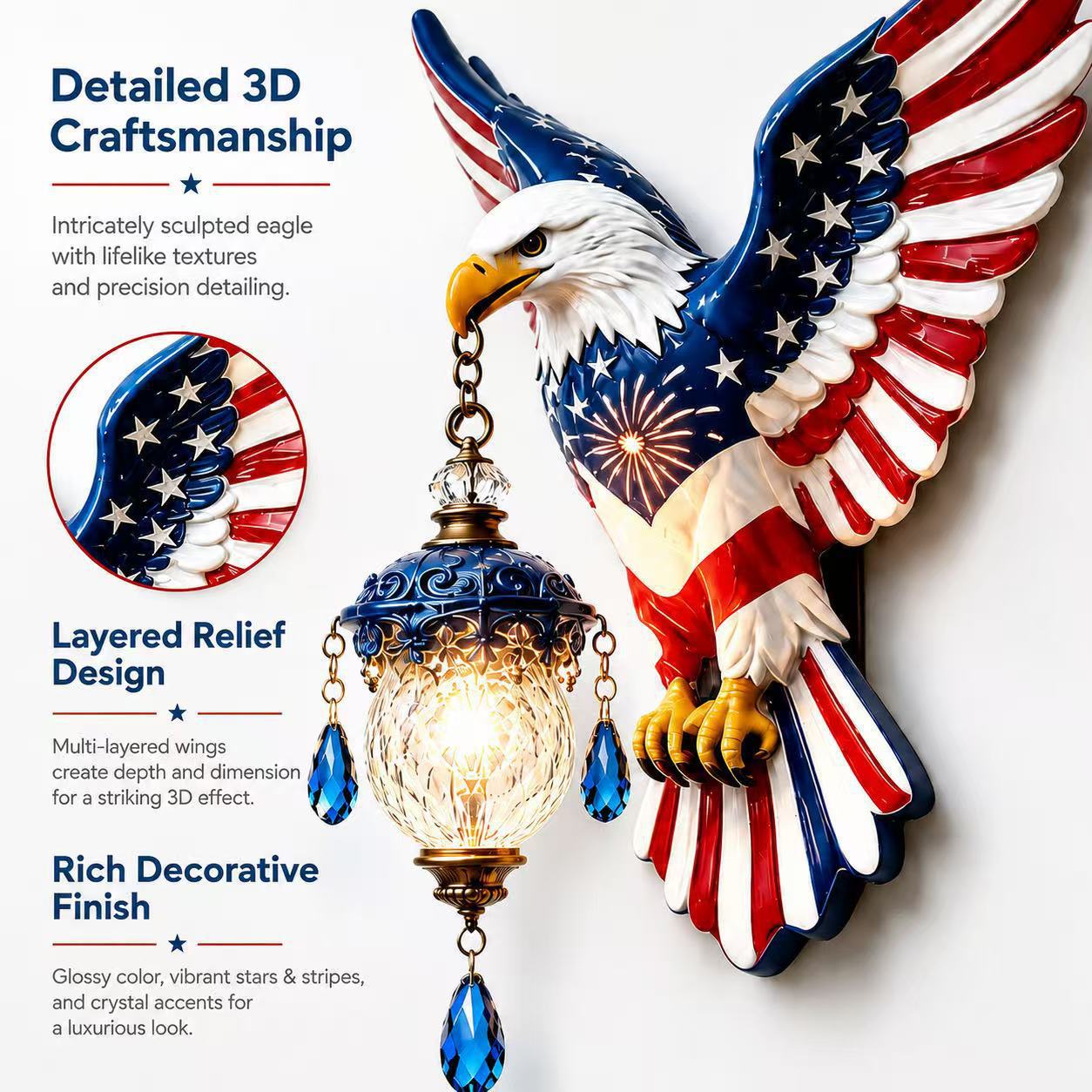 🦅American Freedom Eagle Pendant Wall Light – Vintage Patriotic Resin Sculpture Lamp with Crystal Accents (Unique Gift for Patriots)